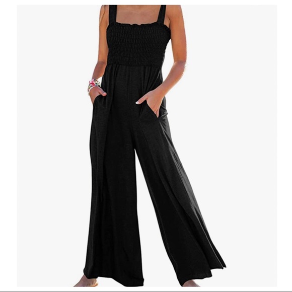 41 Mocha Boho Smocked Wide Leg Solid Knit Jumpsuit with Pocke… - Picture 4 of 7